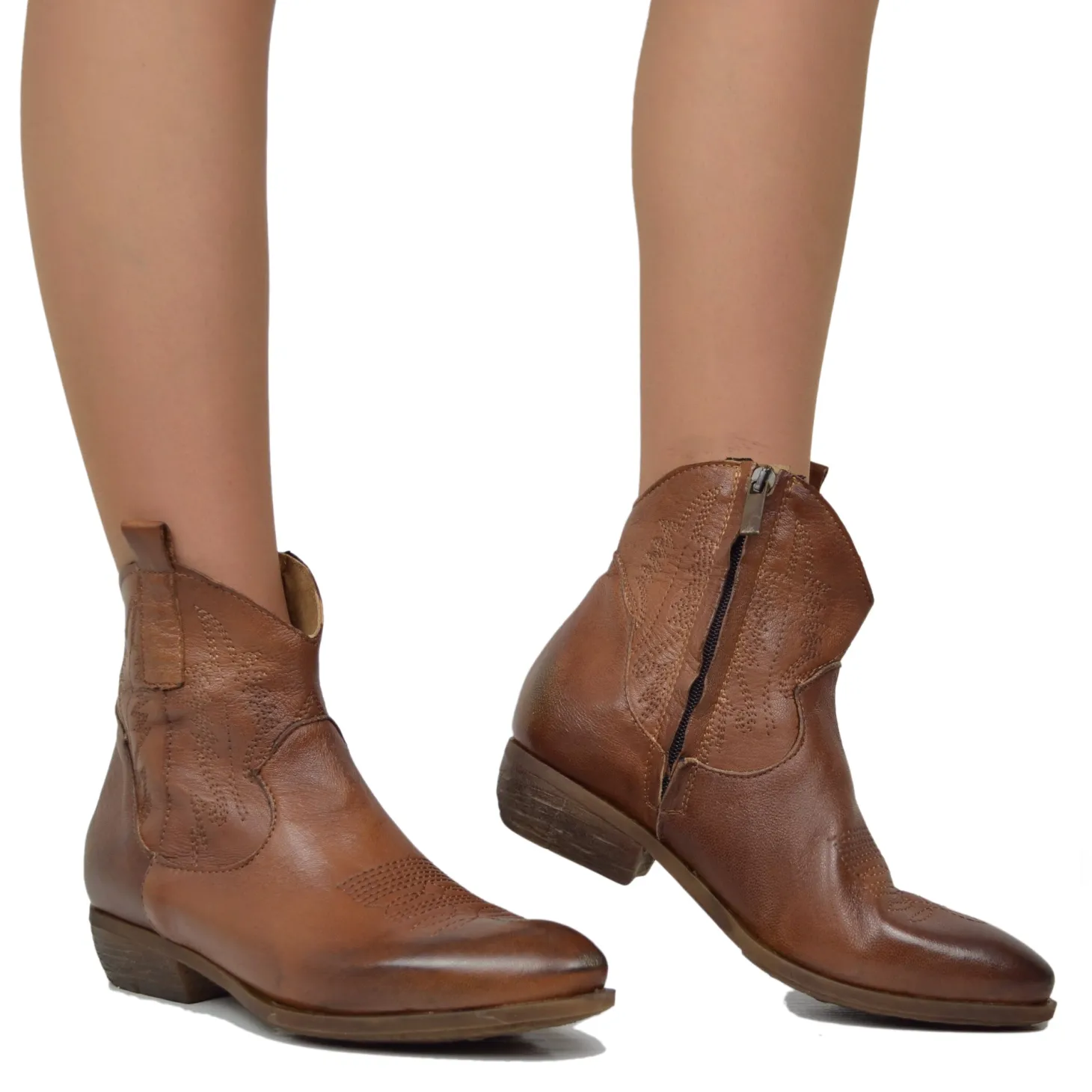 Stivaletti Texani Donna con Zip in Pelle Marrone Vintage