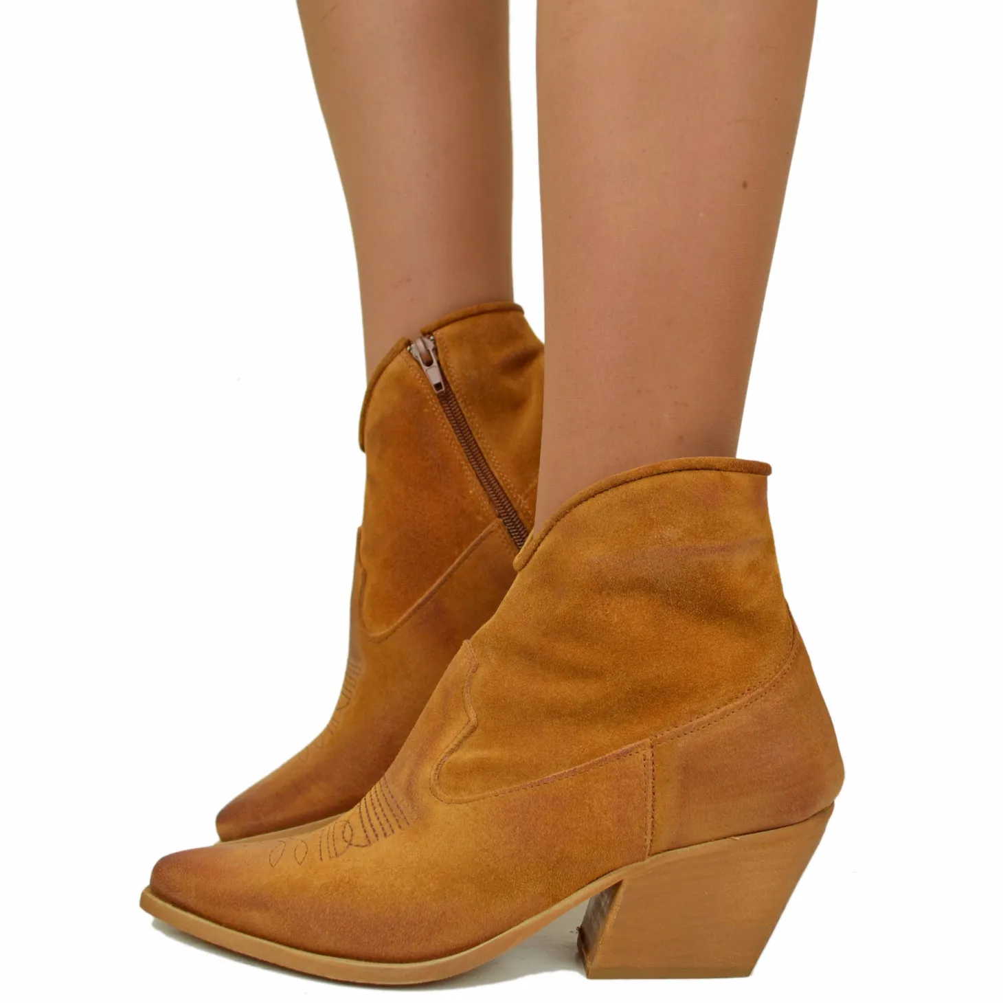 Stivaletti Texani Donna Estivi in Pelle scamosciata Cuoio