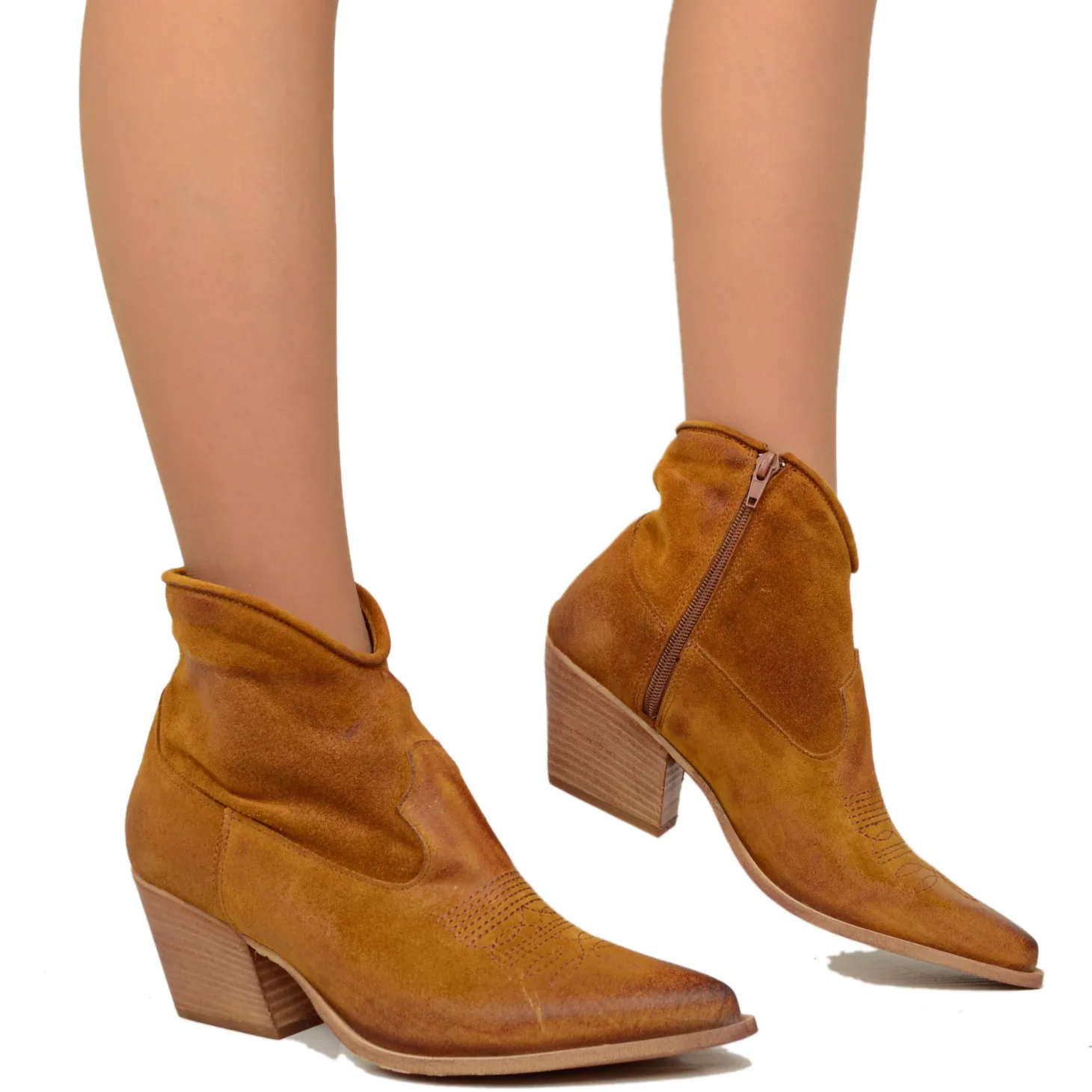 Stivaletti Texani Donna Estivi in Pelle scamosciata Cuoio