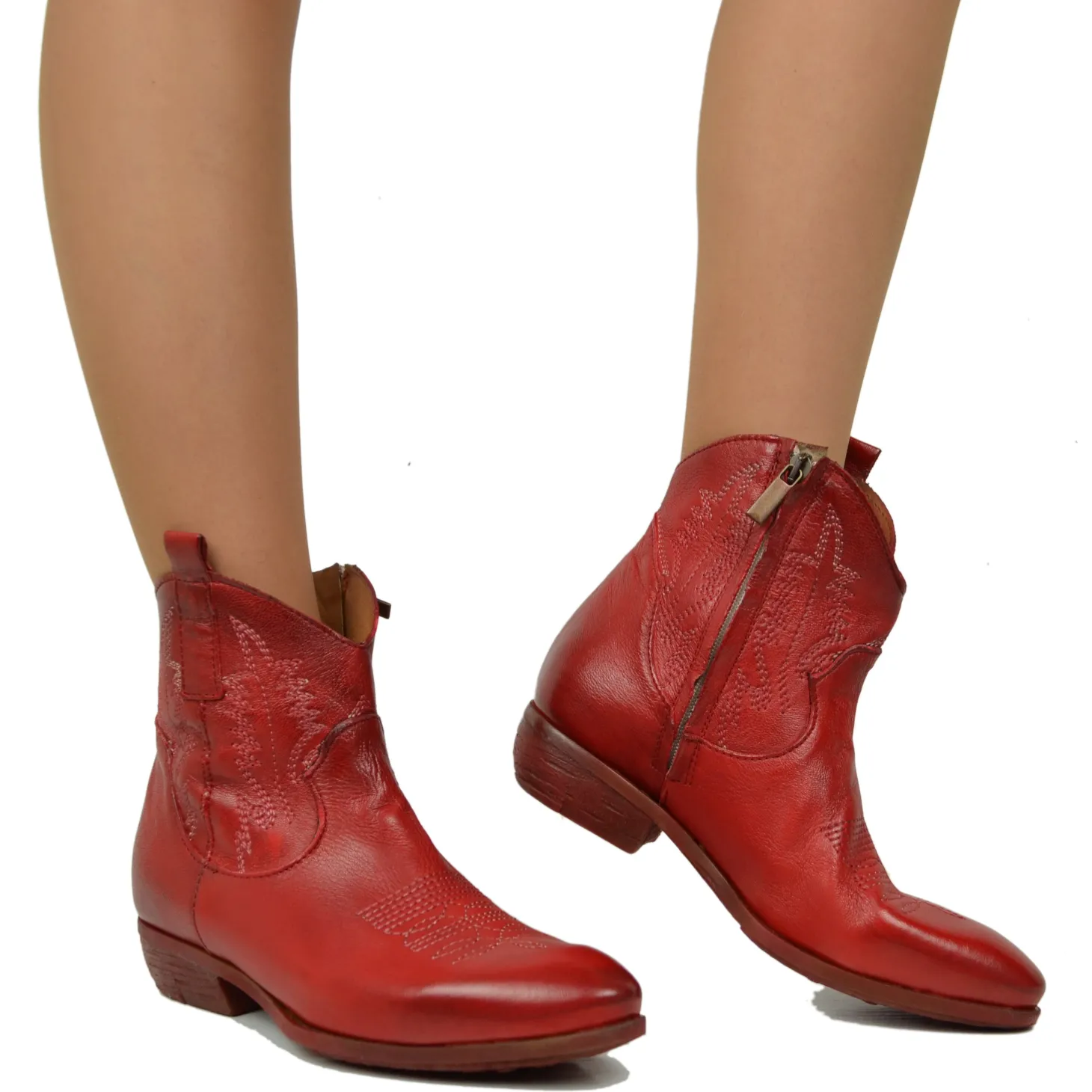 Stivaletti Texani Donna in Pelle Rossa Made in Italy