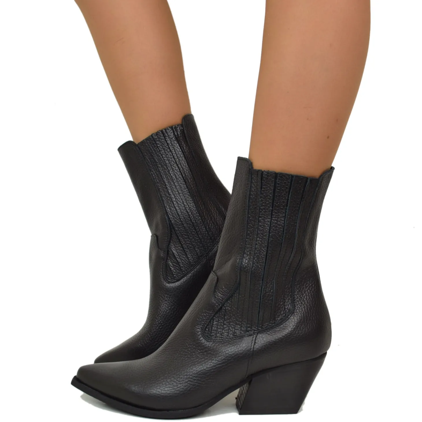Stivaletti Texani Donna Neri in Pelle Elasticizzati Made in Italy