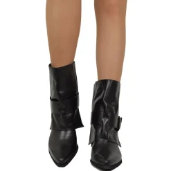 Stivaletti Texani Neri con Ghetta Donna in Pelle con Fibbia