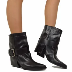 Stivaletti Texani Neri con Ghetta Donna in Pelle con Fibbia