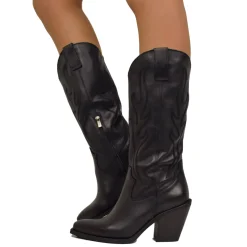 Stivali Alti Texani in Pelle Total Black Gambale Morbido Tacco 8 cm