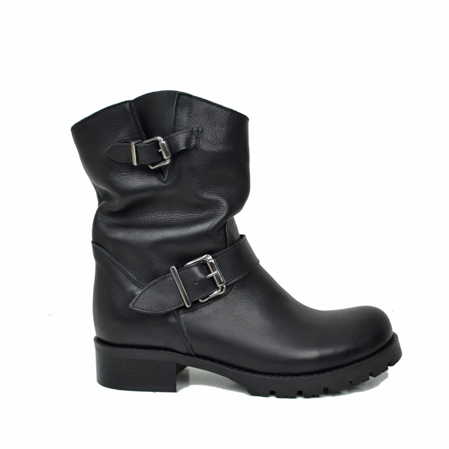 Stivali Anfibi Donna Biker Boots in Pelle Nera con Fibbia