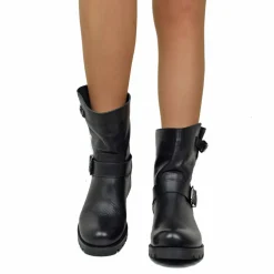 Stivali Anfibi Donna Biker Boots in Pelle Nera con Fibbia