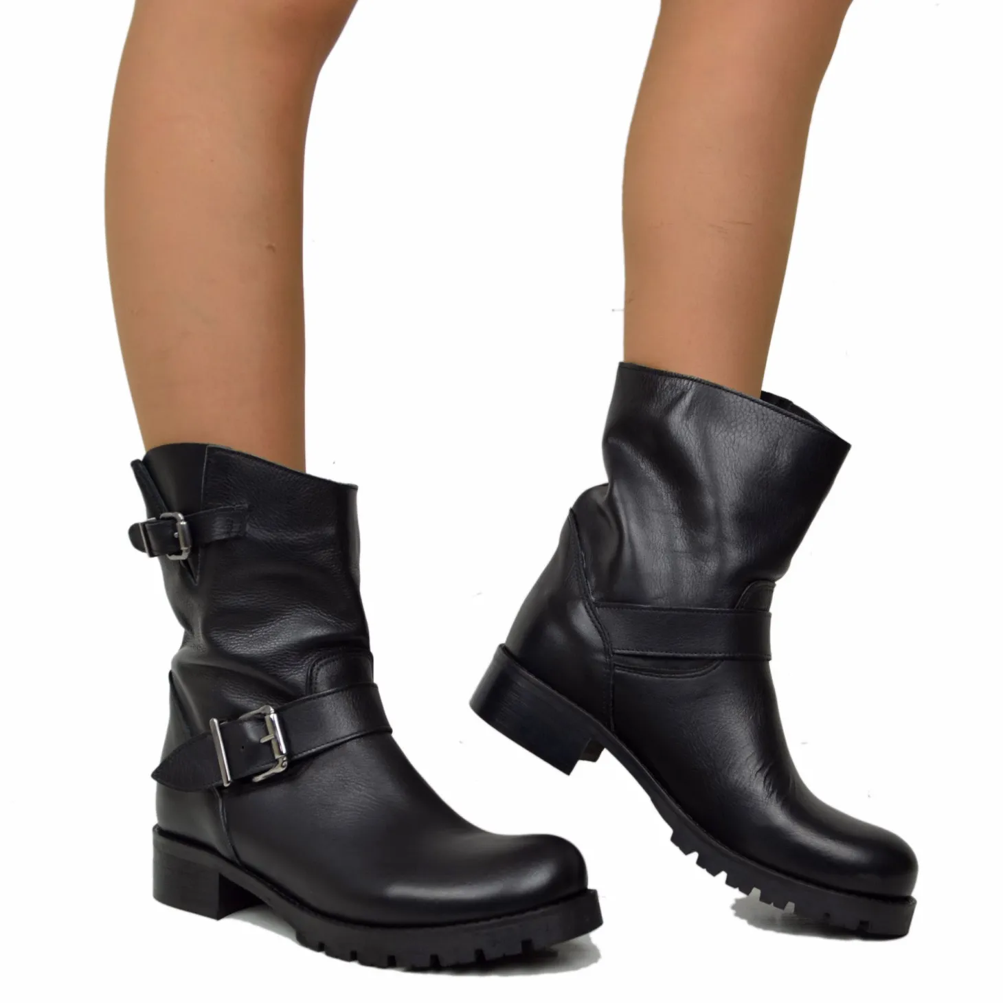 Stivali Anfibi Donna Biker Boots in Pelle Nera con Fibbia