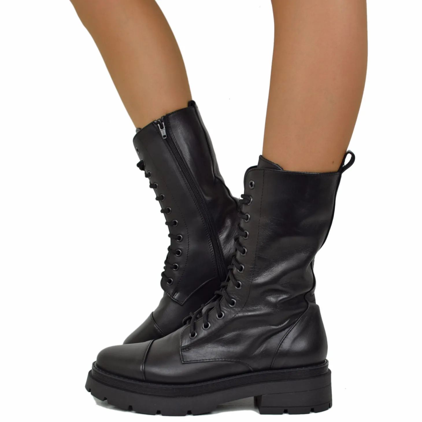 Stivali Anfibi Donna con Zip e Lacci Neri Made in Italy