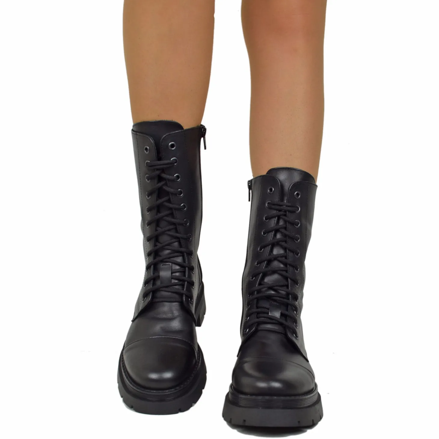Stivali Anfibi Donna con Zip e Lacci Neri Made in Italy