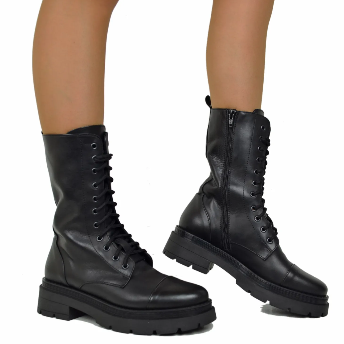 Stivali Anfibi Donna con Zip e Lacci Neri Made in Italy