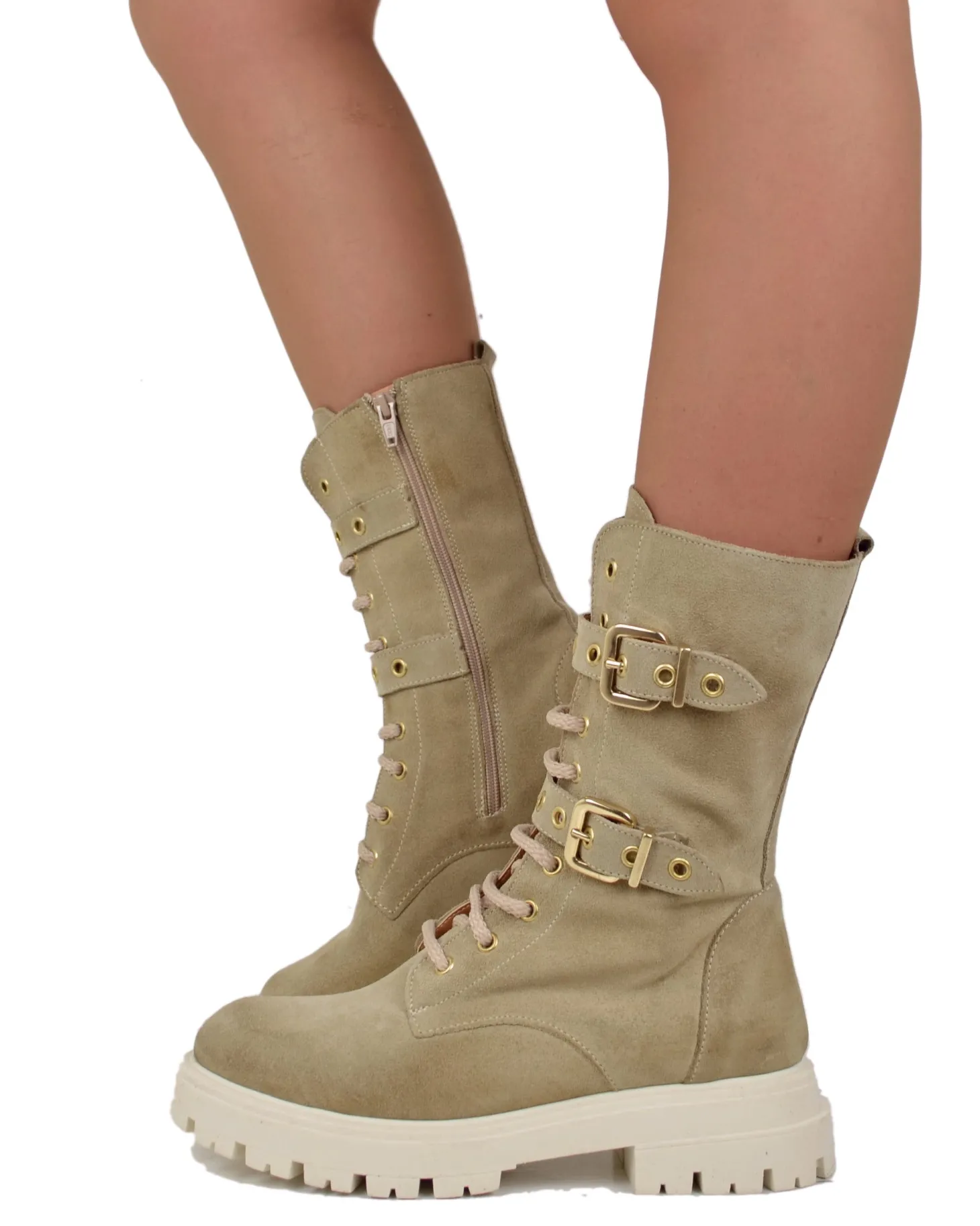 Stivali Anfibi Stringati Primavera Scamosciati Fibbie Dorati Beige