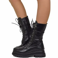Stivali Anfibi Stringati Doppio Fondo Chunky Boots Vera Pelle Nera