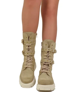 Stivali Anfibi Stringati Primavera Scamosciati Fibbie Dorati Beige