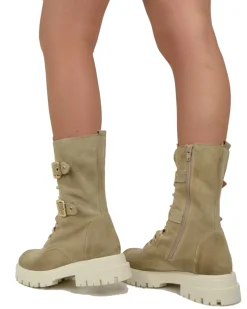 Stivali Anfibi Stringati Primavera Scamosciati Fibbie Dorati Beige