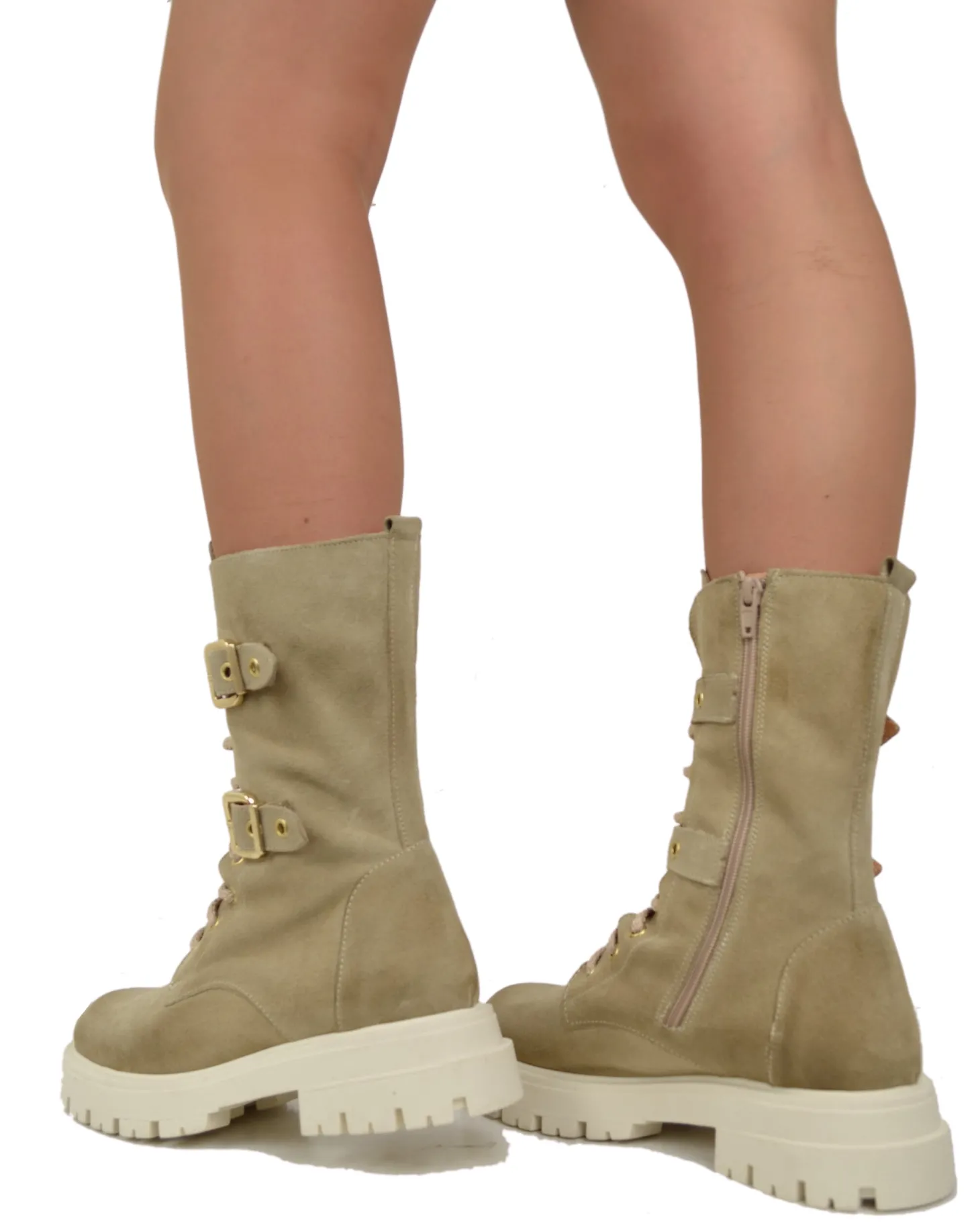 Stivali Anfibi Stringati Primavera Scamosciati Fibbie Dorati Beige
