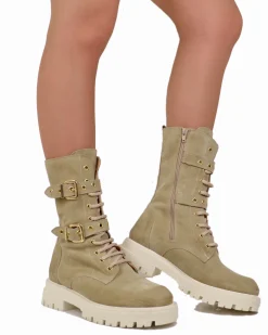 Stivali Anfibi Stringati Primavera Scamosciati Fibbie Dorati Beige