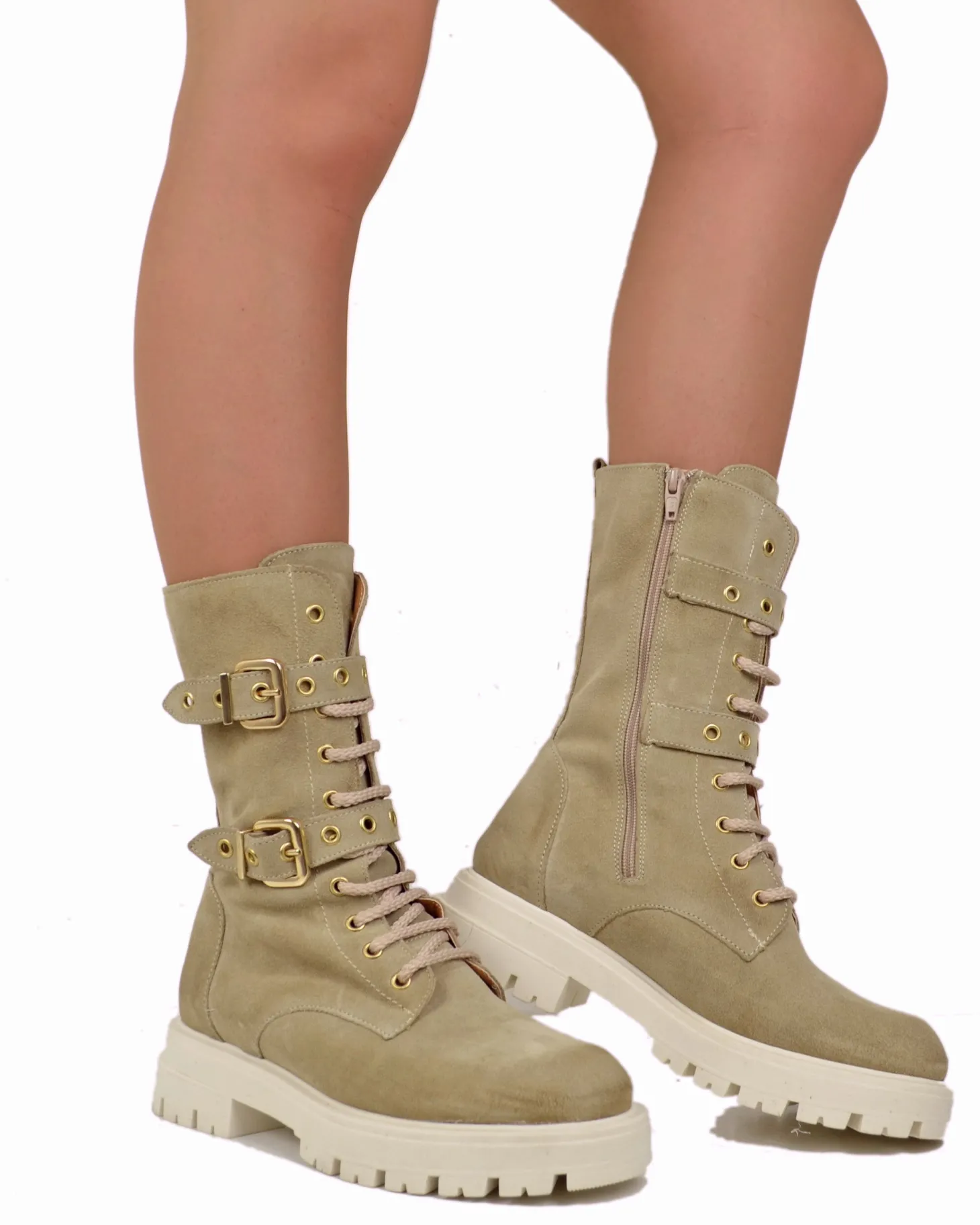 Stivali Anfibi Stringati Primavera Scamosciati Fibbie Dorati Beige