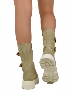 Stivali Anfibi Stringati Primavera Scamosciati Fibbie Dorati Beige