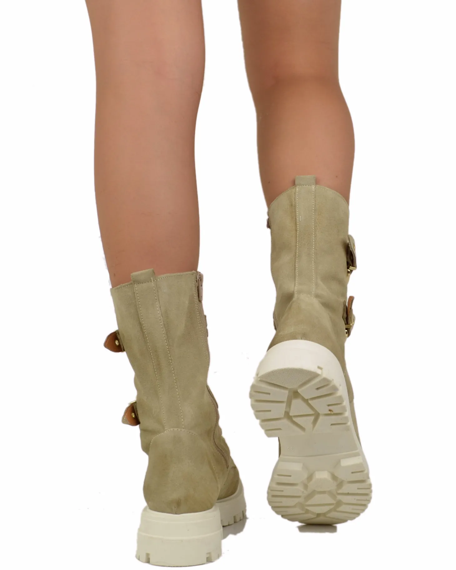 Stivali Anfibi Stringati Primavera Scamosciati Fibbie Dorati Beige