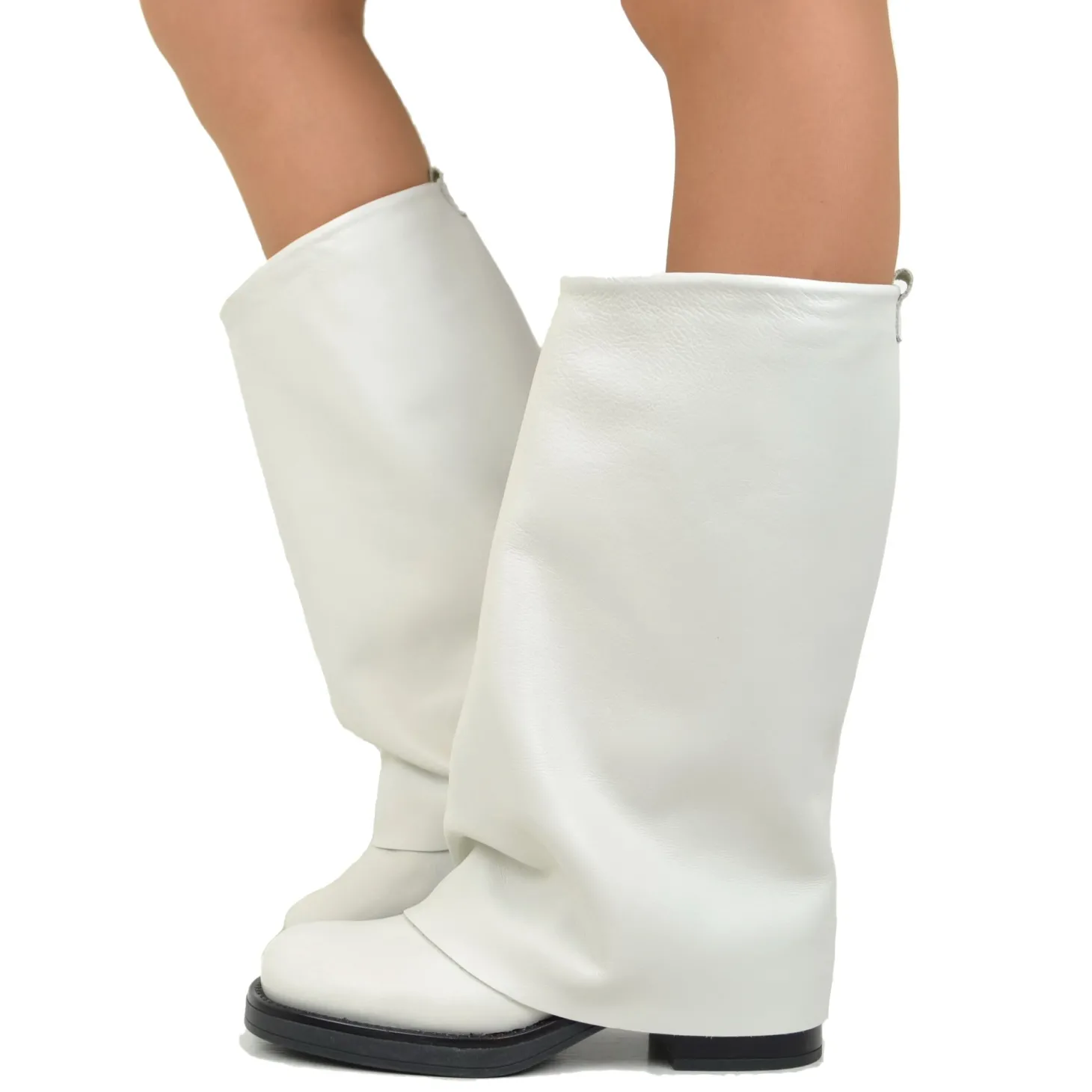 Stivali Biker Donna in Pelle Offwhite con Ghetta Punta Quadrata