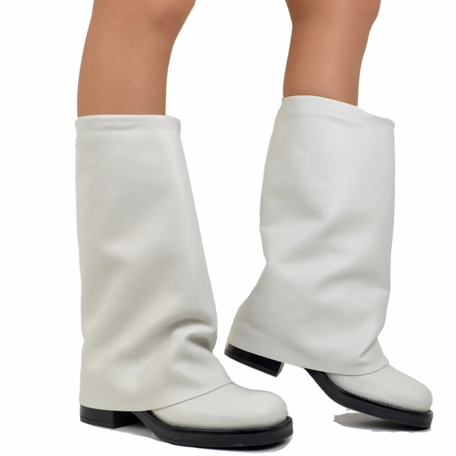 Stivali Biker Donna in Pelle Offwhite con Ghetta Punta Quadrata