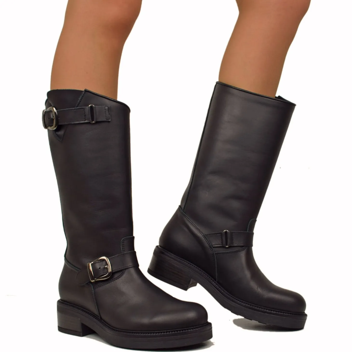 Stivali Biker Donna in Pelle Neri Made in Italy