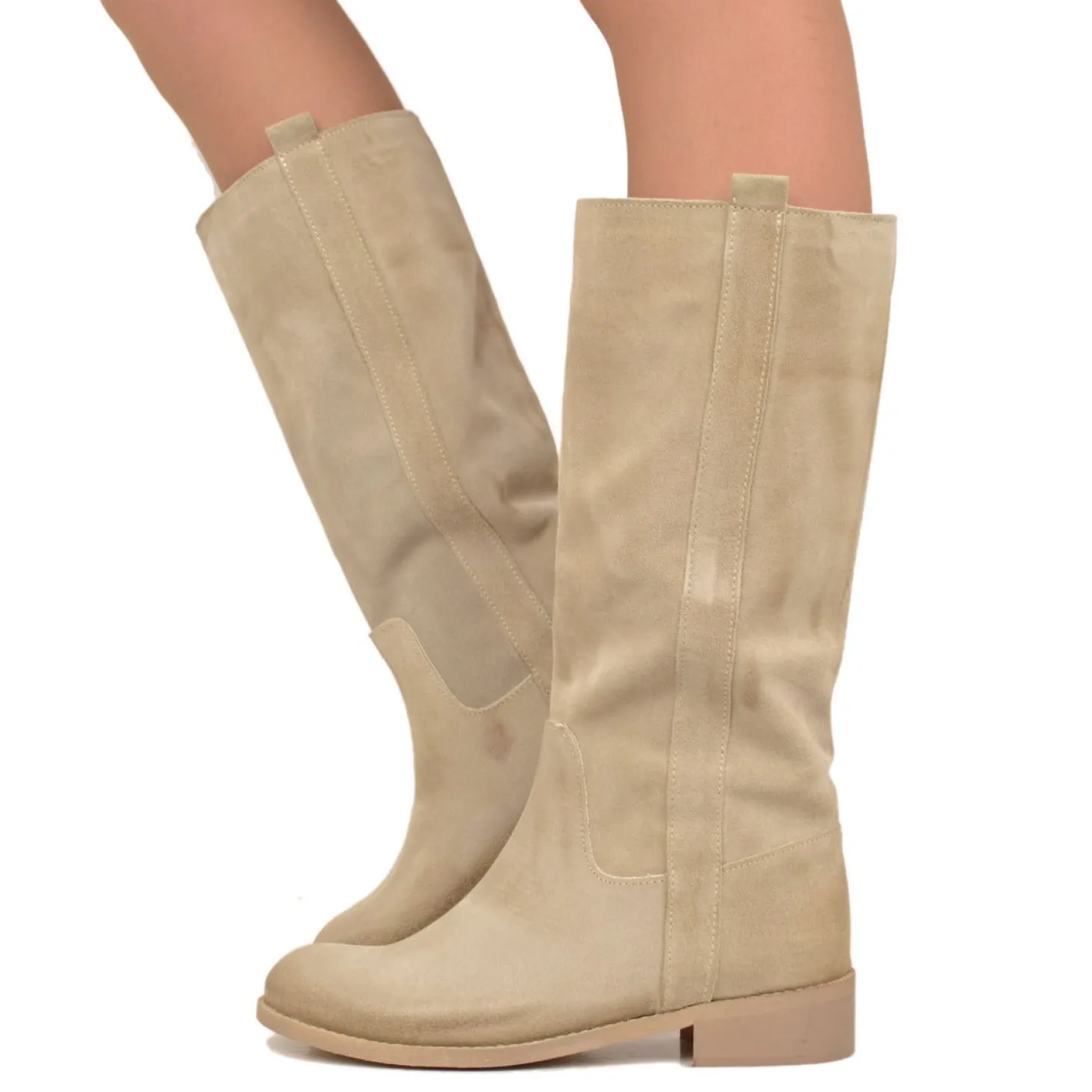 Stivali Camperos Donna Beige in Pelle Scamosciata