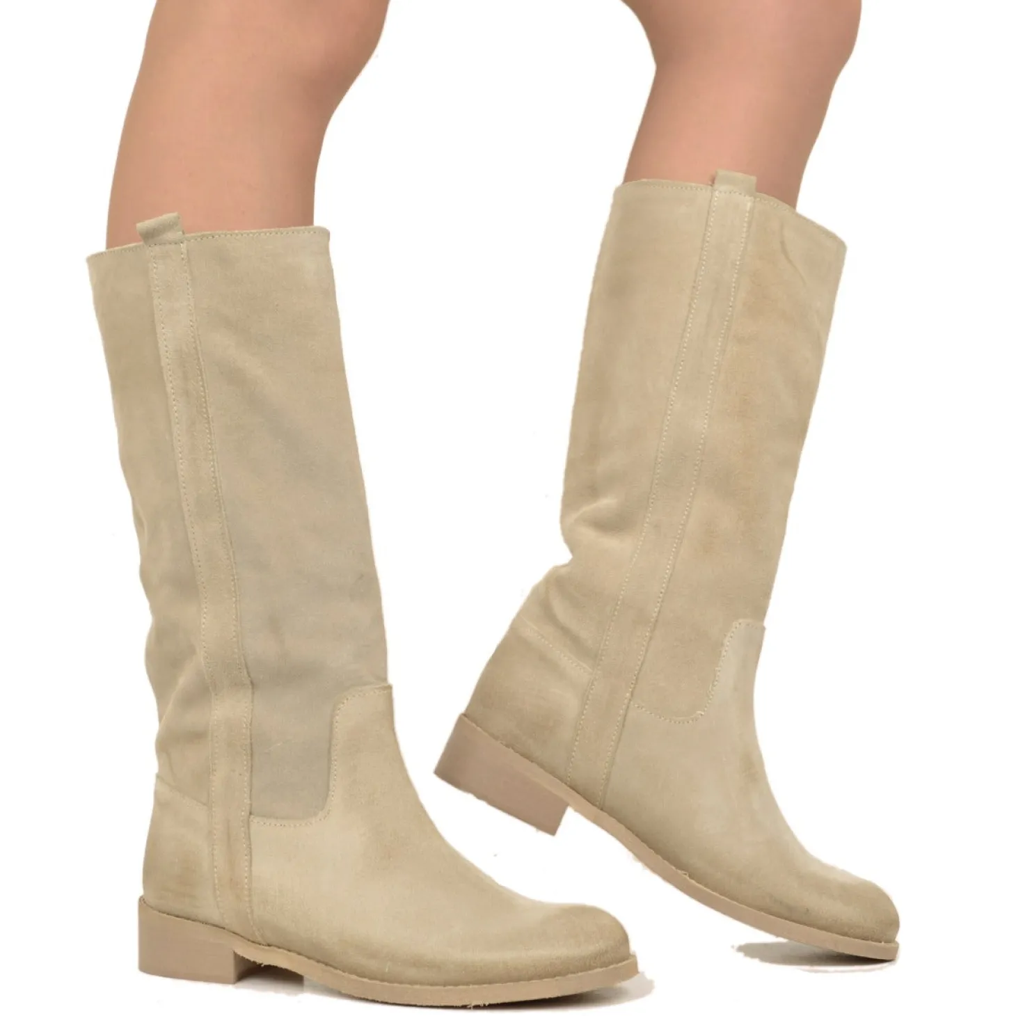 Stivali Camperos Donna Beige in Pelle Scamosciata