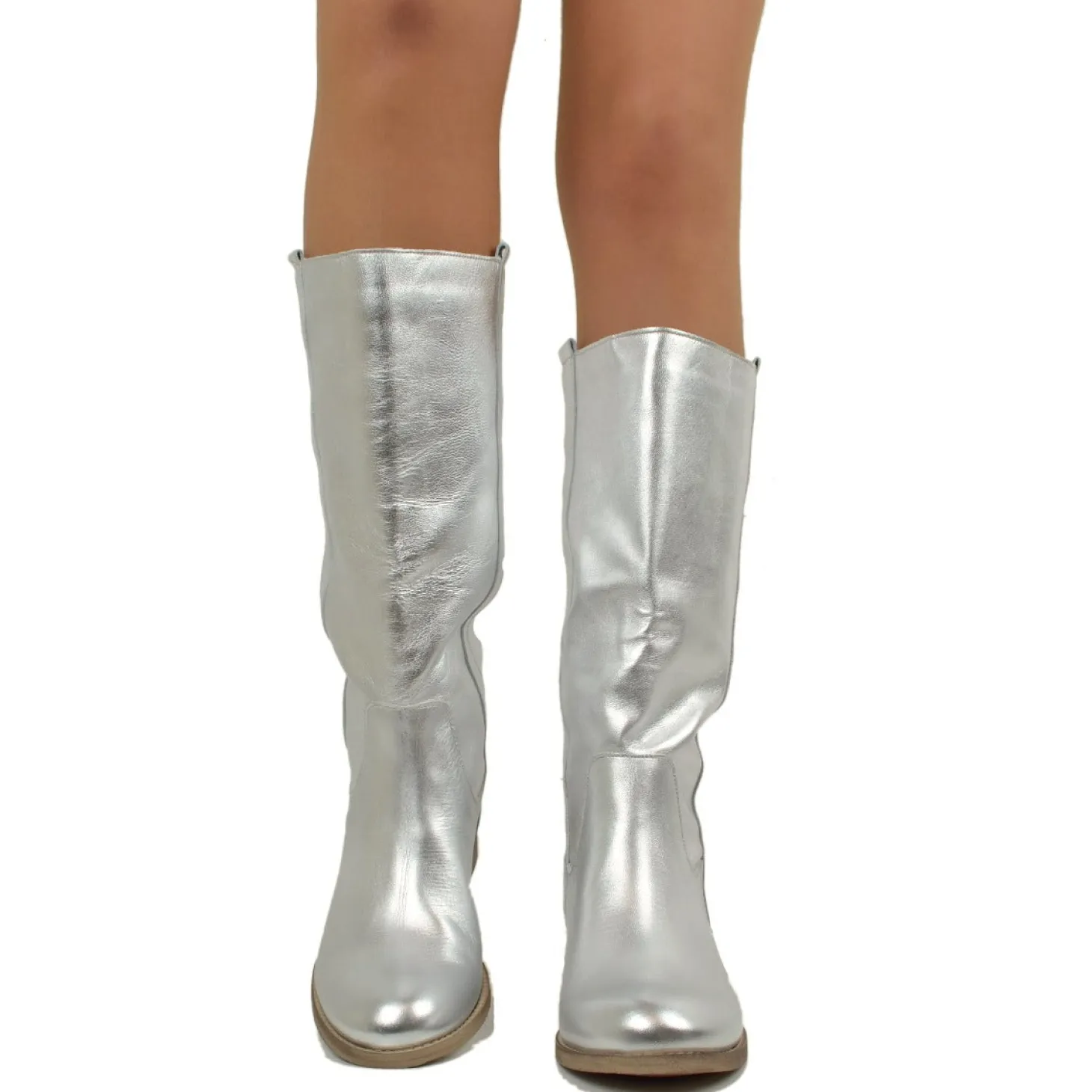 Stivali Camperos Donna in Pelle Laminata color Argento