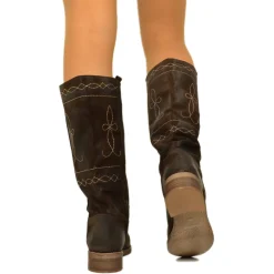 Stivali Camperos Donna Marroni in Pelle Scamosciata con Ricami