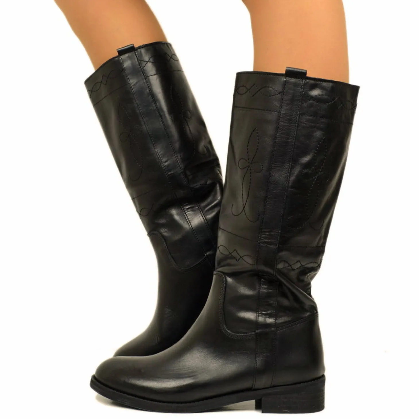 Stivali Camperos Donna Neri in Pelle con Ricami Made in Italy