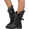 Stivali Donna Biker Estivi Neri in Pelle con Borchie e Zip