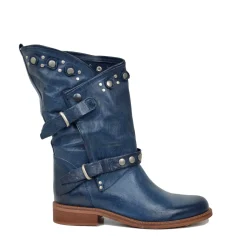 Stivali Donna Biker Estivi Jeans in Pelle con Borchie e Zip