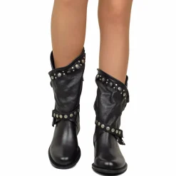 Stivali Donna Biker Estivi Neri in Pelle con Borchie e Zip