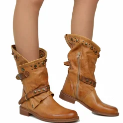 Stivali Donna Biker Estivi Cuoio in Pelle con Borchie e Zip