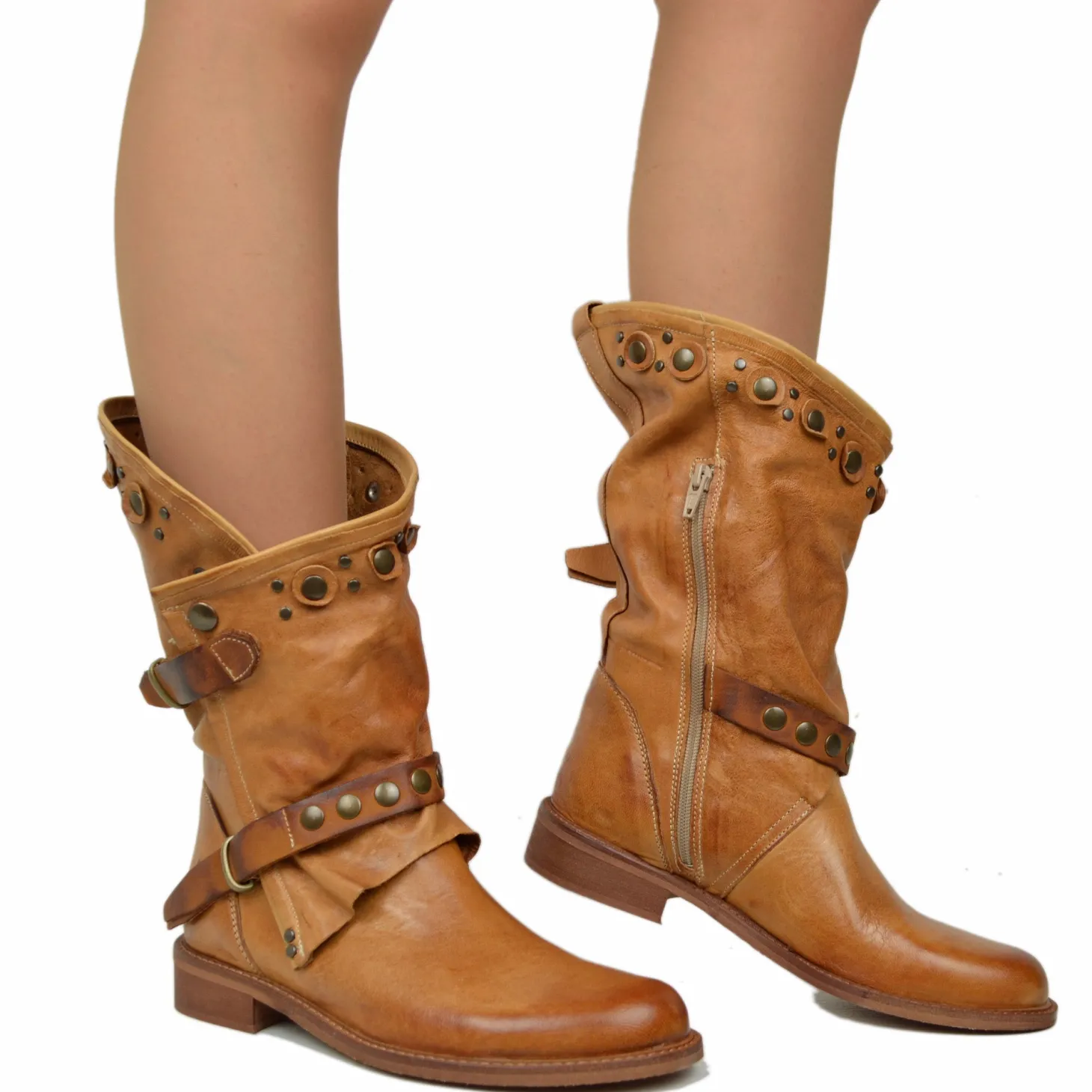 Stivali Donna Biker Estivi Cuoio in Pelle con Borchie e Zip