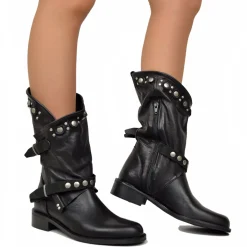 Stivali Donna Biker Estivi Neri in Pelle con Borchie e Zip