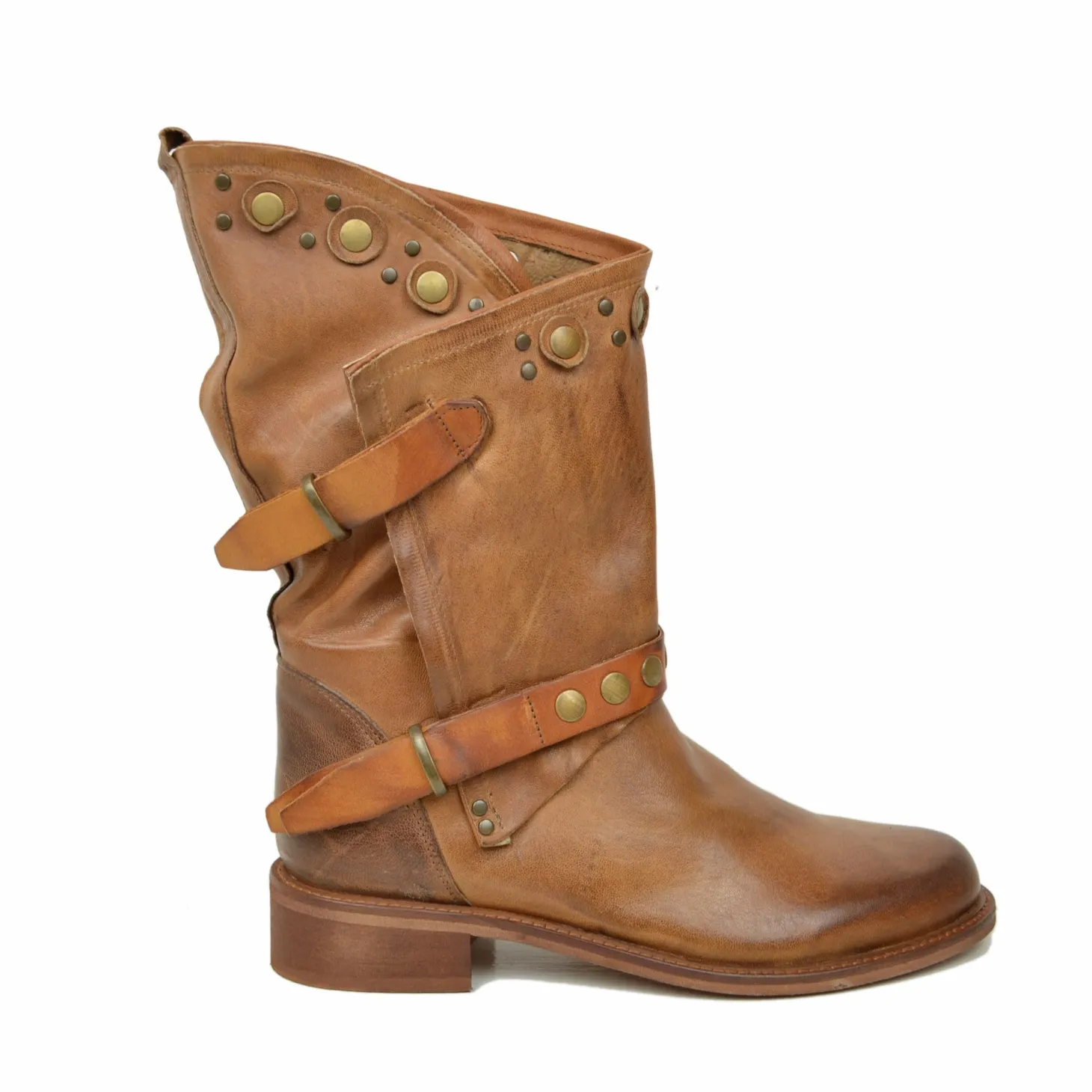 Stivali Donna Biker Estivi Cuoio in Pelle con Borchie e Zip