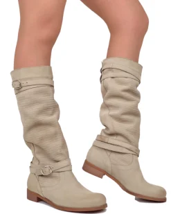 Stivali Donna Biker Estivi in Pelle Nabuk Zigrinati Taupe
