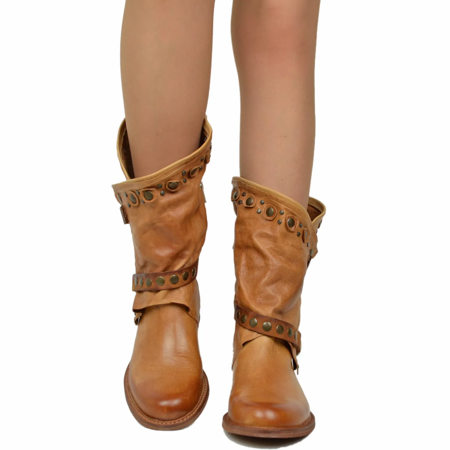 Stivali Donna Biker Estivi Cuoio in Pelle con Borchie e Zip