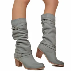 Stivali Donna in Pelle Nabuk Zigrinata Grigio Made in Italy