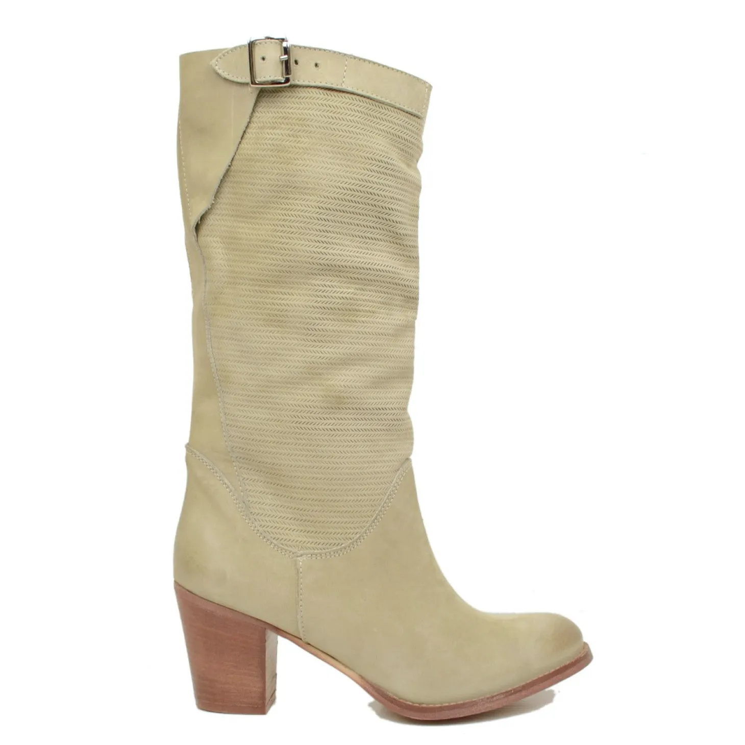 Stivali Donna Taupe con Tacco Medio in Pelle Nabuk Zigrinata