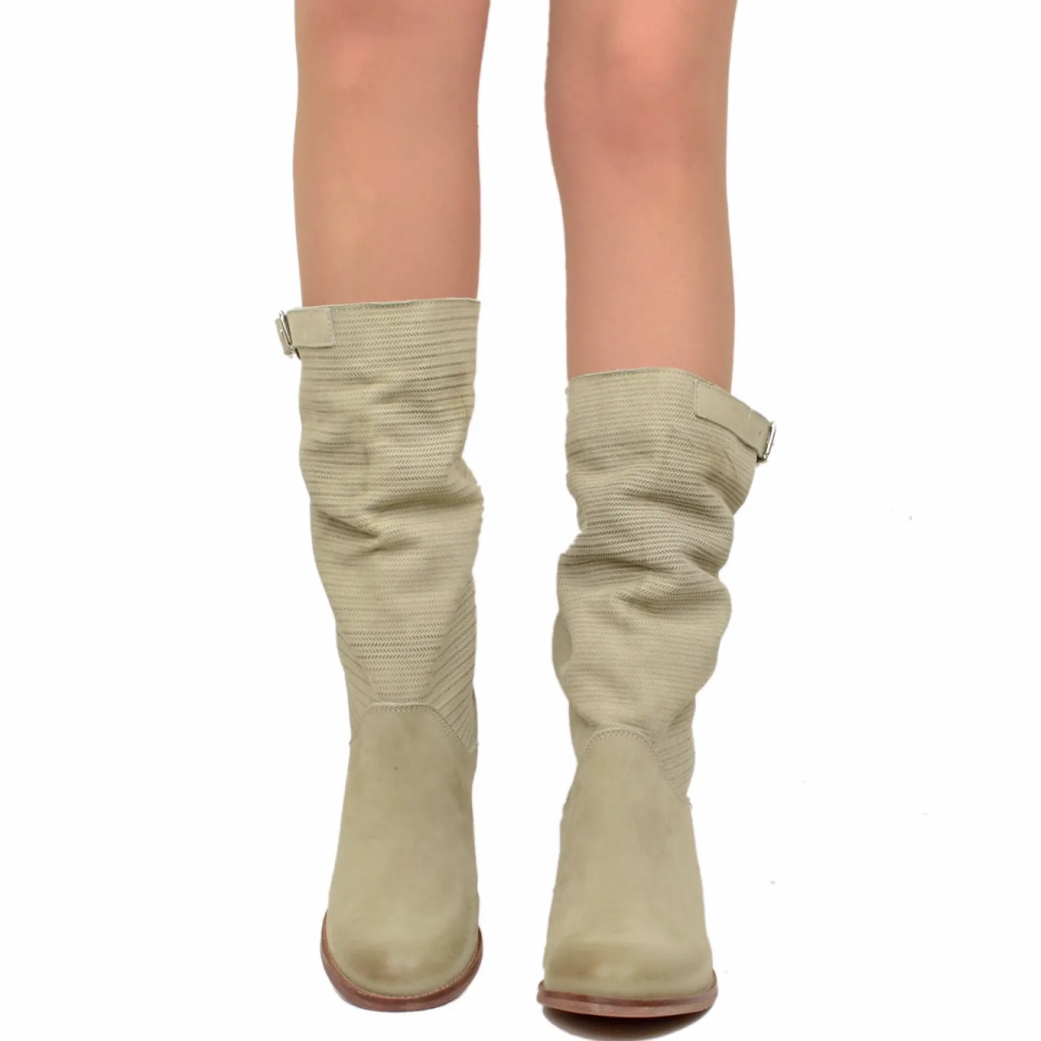 Stivali Donna Taupe con Tacco Medio in Pelle Nabuk Zigrinata