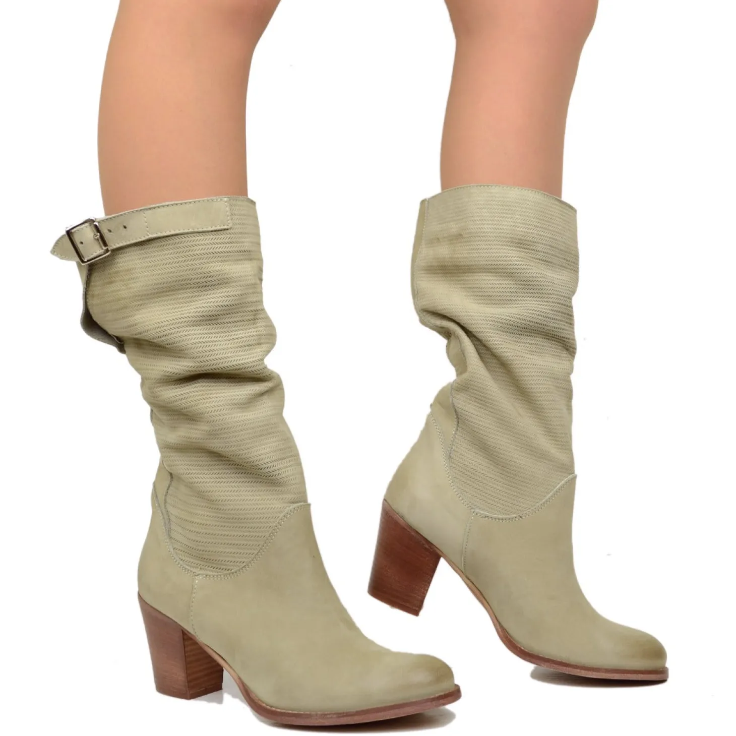 Stivali Donna Taupe con Tacco Medio in Pelle Nabuk Zigrinata
