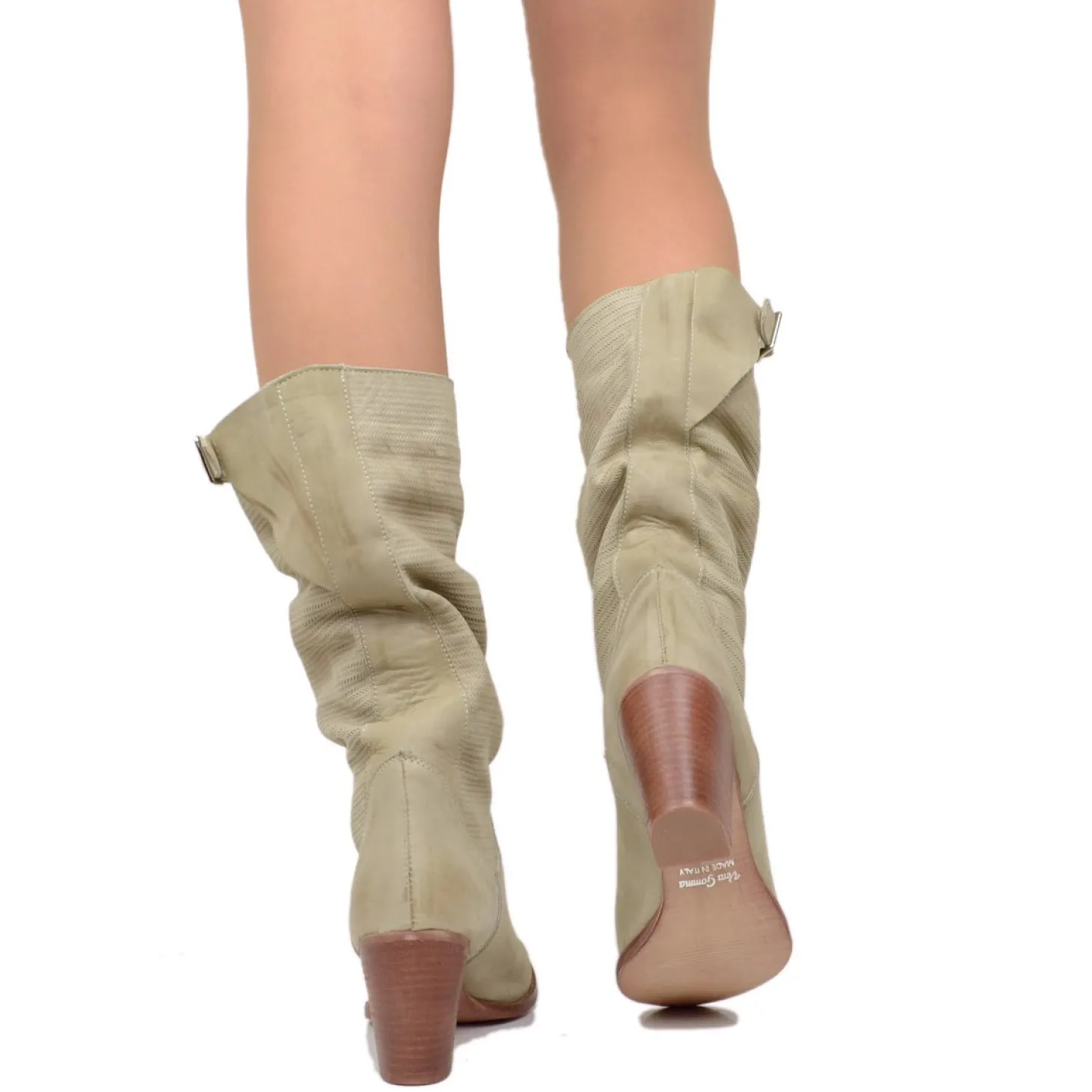 Stivali Donna Taupe con Tacco Medio in Pelle Nabuk Zigrinata
