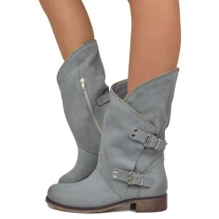 Stivali Donna Taupe Traforati Biker con Fibbie in Pelle Nabuk