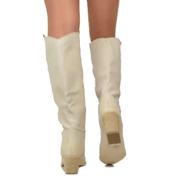 Stivali Donna Texani in Pelle Scamosciata Beige Made in Italy
