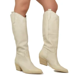 Stivali Donna Texani in Pelle Scamosciata Beige Made in Italy
