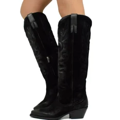 Stivali Donna Texani Ricamati Neri in Pelle Scamosciata con Zip