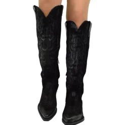 Stivali Donna Texani Ricamati Neri in Pelle Scamosciata con Zip